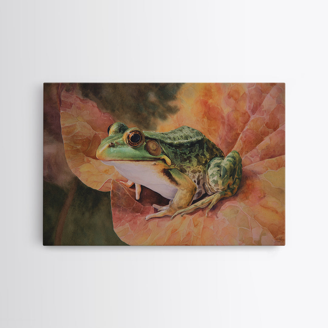 Frog on a Lotus Leaf Canvas Print, Animal Art, Living Room Decor, Fine Art, Creature, Fine Art Print, Statement Artwork, ANI-3x2-48