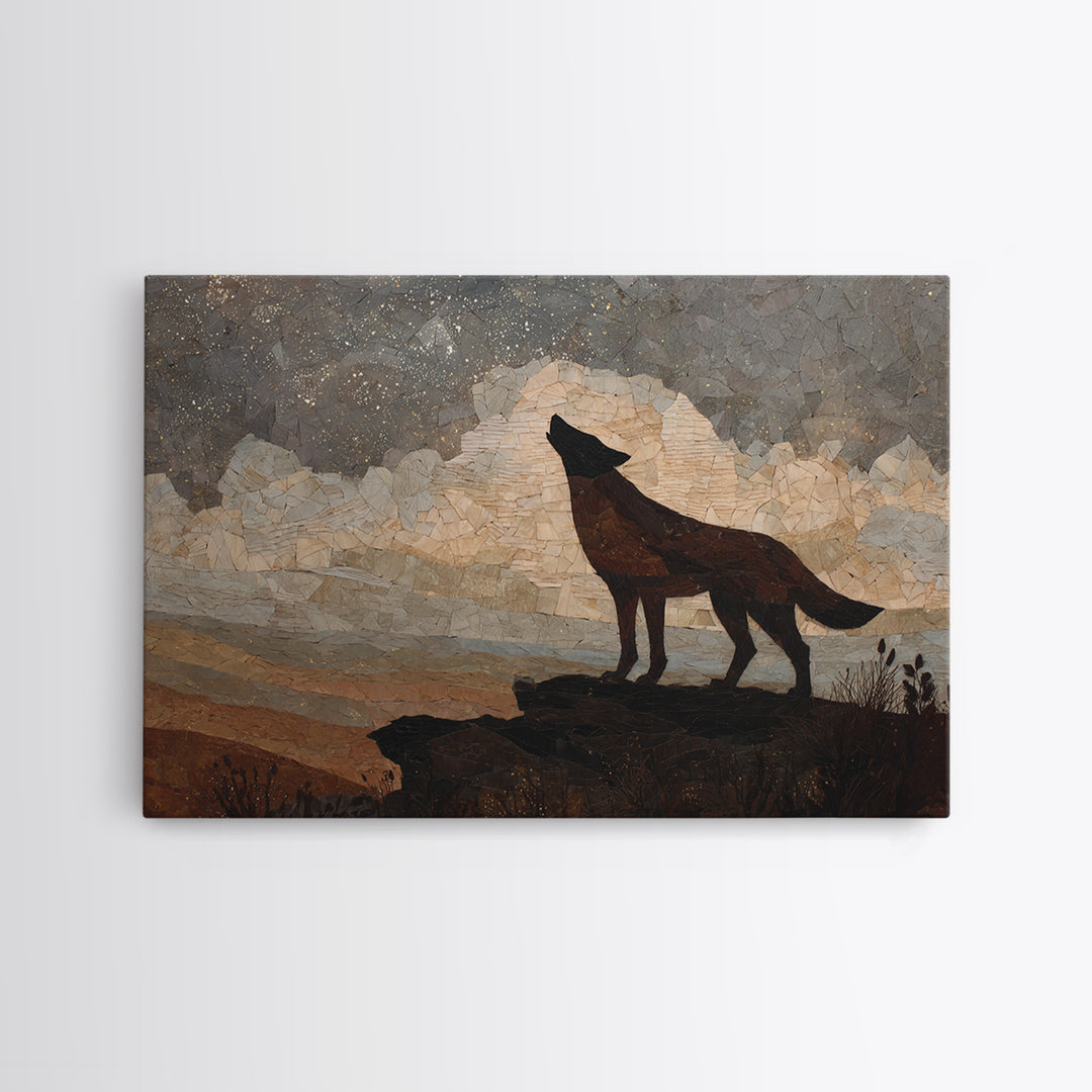 Wolf Silhouette Beneath a Star Filled Sky Framed Canvas Print, Animal Art, Nursery Wall Art, Living Room Decor, Oil Painting, ANI-3x2-50