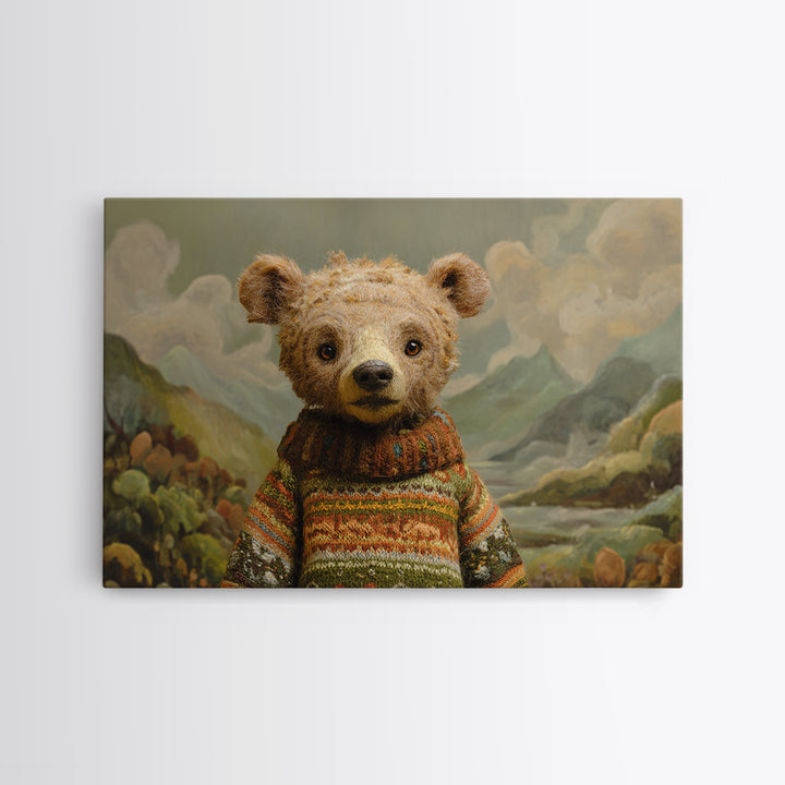 Whimsical Bear in a Patterned Sweater with Canvas Print, Animal Art, Digital Print, Living Room Decor, Fine Art, Creature, ANI-3x2-54