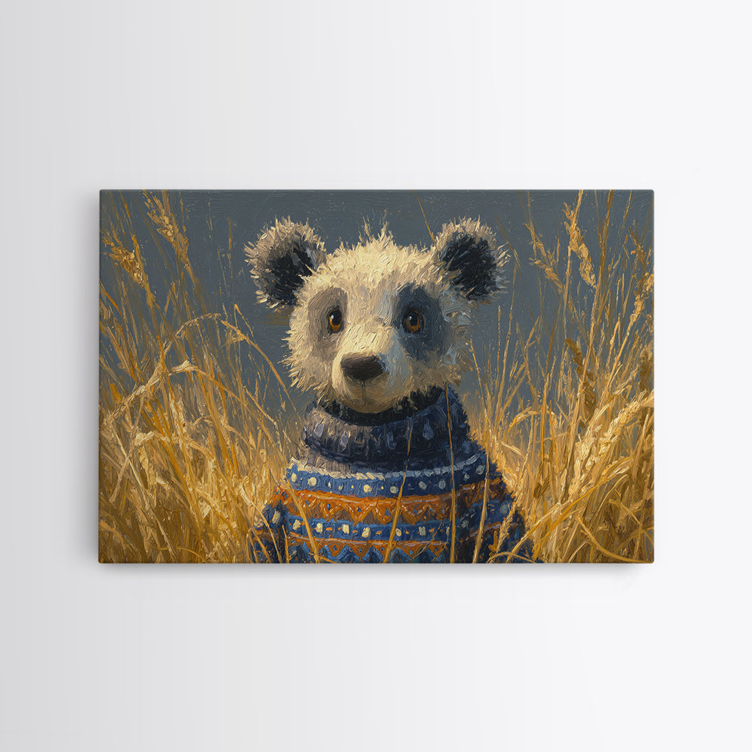 Whimsical Bear in a Patterned Sweater with Framed Canvas Print, Animal Art, Oil Painting, Living Room Decor, Fine Art, Creature, ANI-3x2-6