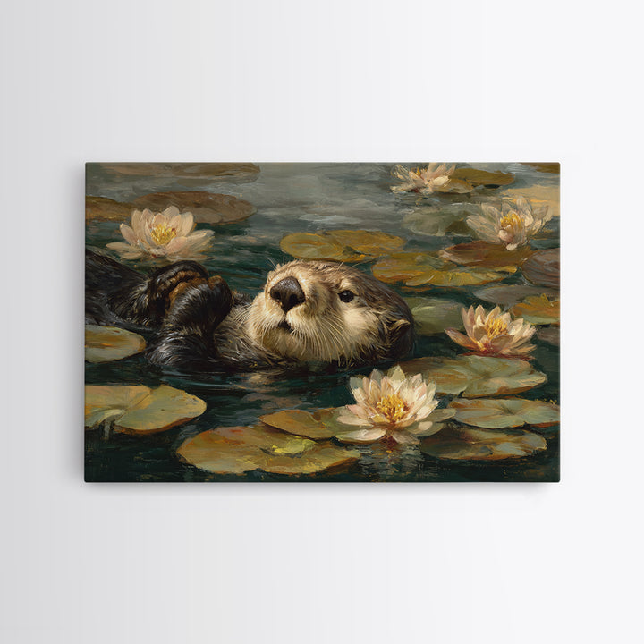 Playful Otter Floating Among Lily Pads Framed Canvas Print, Animal Art, Downloadable Art, Living Room Decor, Fine Art, Creature, ANI-3x2-60