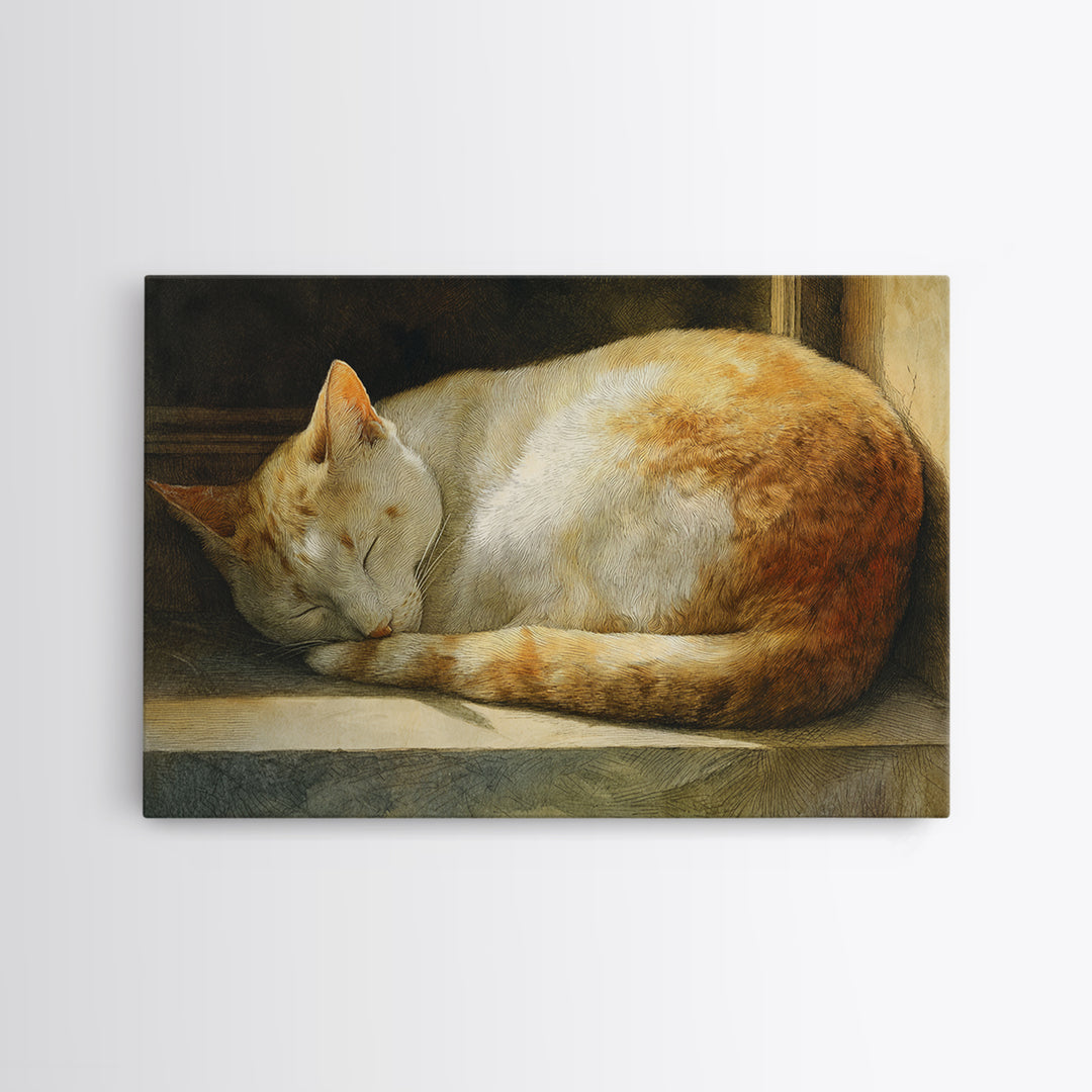 Sleeping Cat Curled Framed Canvas Print, Animal Art, Gallery Decor, Living Room Decor, Abstract Art, Creature, Contemporary Art, ANI-3x2-64