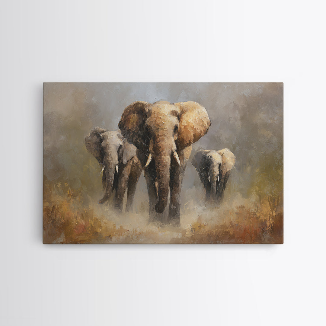 Elephant Family Walking Through Dusty Golden Light Canvas Print, Animal Art, Art Deco, Living Room Decor, Fine Art, Creature, ANI-3x2-66