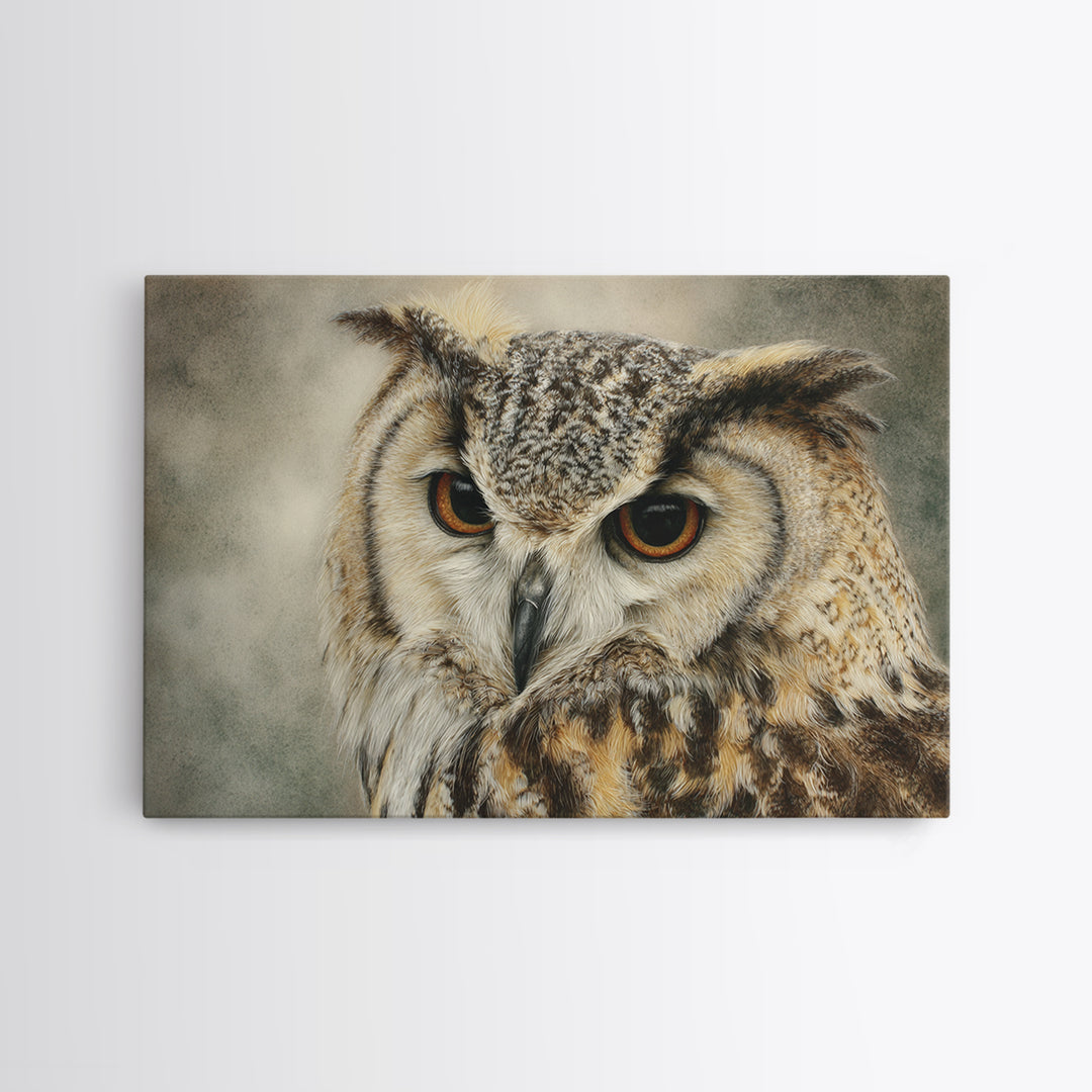 Owl with Moonlit Feathers and Celestial Accents Canvas Print, Animal Art, Living Room Decor, Watercolor Art, Creature, ANI-3x2-67