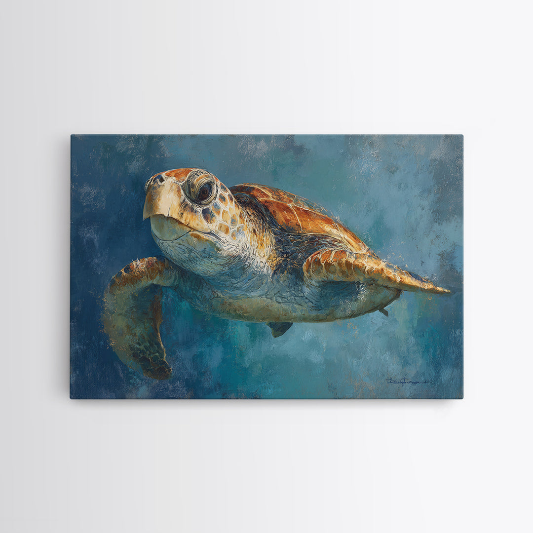 Sea Turtle Drifting Through Luminous Blue Water Framed Canvas Print, Animal Art, Original Art, Living Room Decor, Creature, ANI-3x2-70