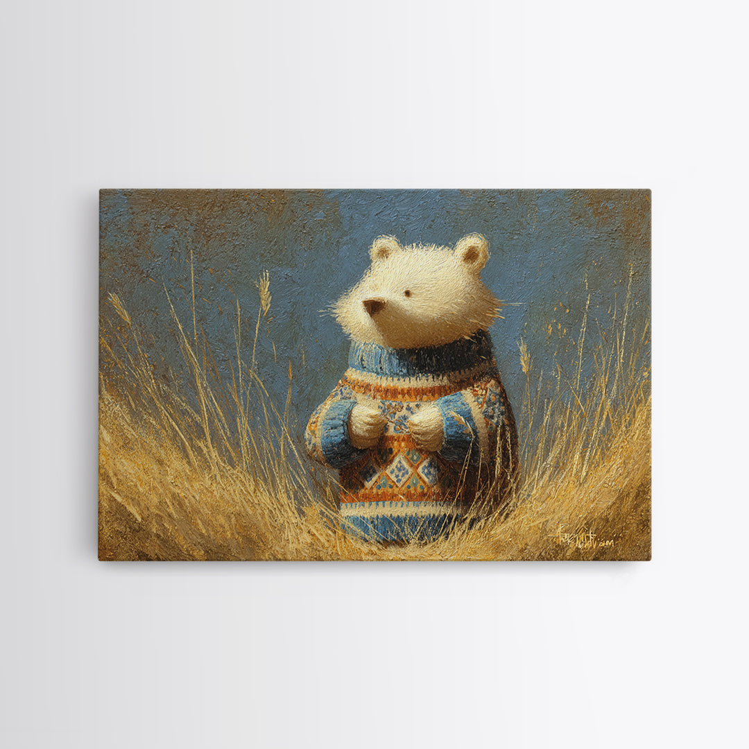 Whimsical Bear in a Patterned Sweater with Framed Canvas Print, Animal Art, Boho Wall Art, Living Room Decor, Creature, ANI-3x2-78