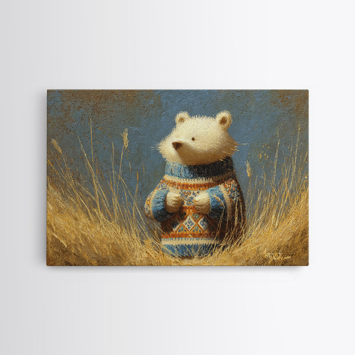 Whimsical Bear in a Patterned Sweater with Framed Canvas Print, Animal Art, Boho Wall Art, Living Room Decor, Creature, ANI-3x2-78