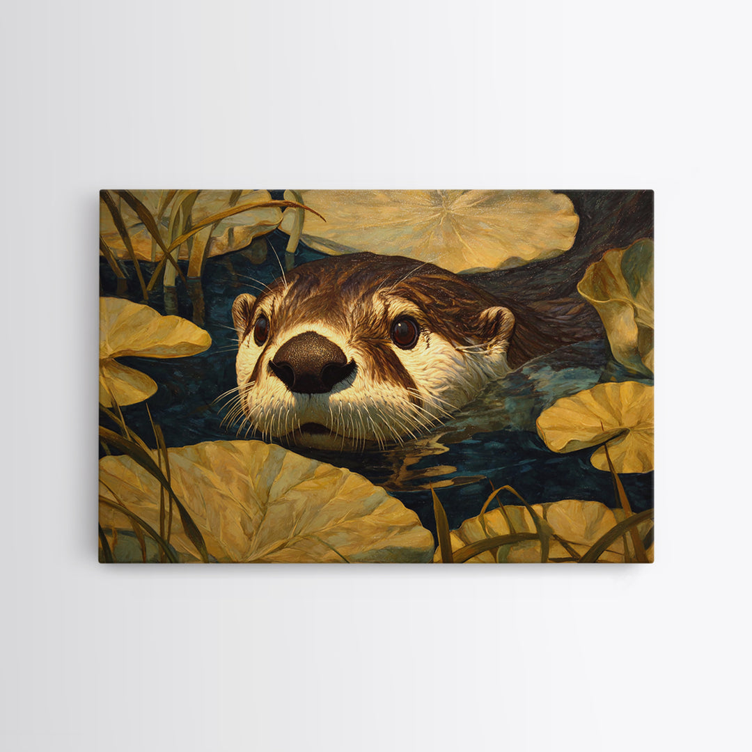Playful Otter Floating Among Lily Pads Canvas Print, Animal Art, Boho Decor, Living Room Decor, Creature, Digital Prints, ANI-3x2-84
