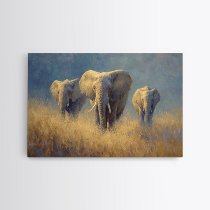 Elephant Family Walking Through Dusty Golden Light Canvas Print, Animal Art, Farmhouse Decor, Living Room Decor, Creature, ANI-3x2-90