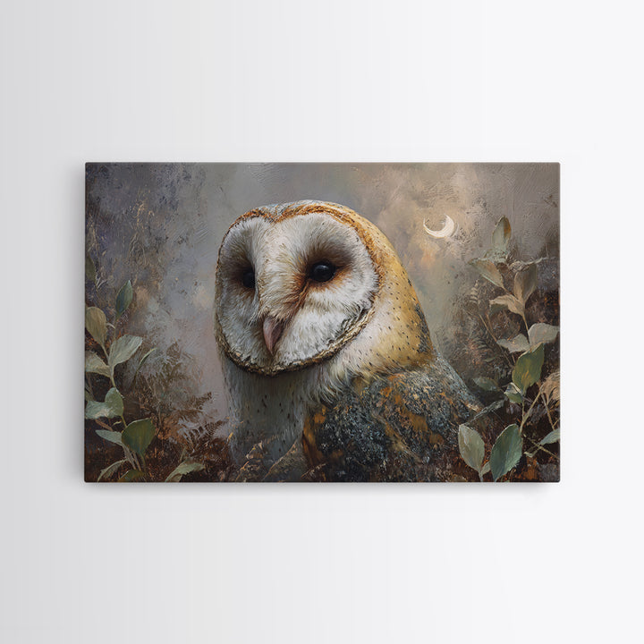 Owl with Moonlit Feathers and Celestial Accents Framed Canvas Print, Animal Art, Art, Living Room Decor, Oil Painting, Creature, ANI-3x2-91