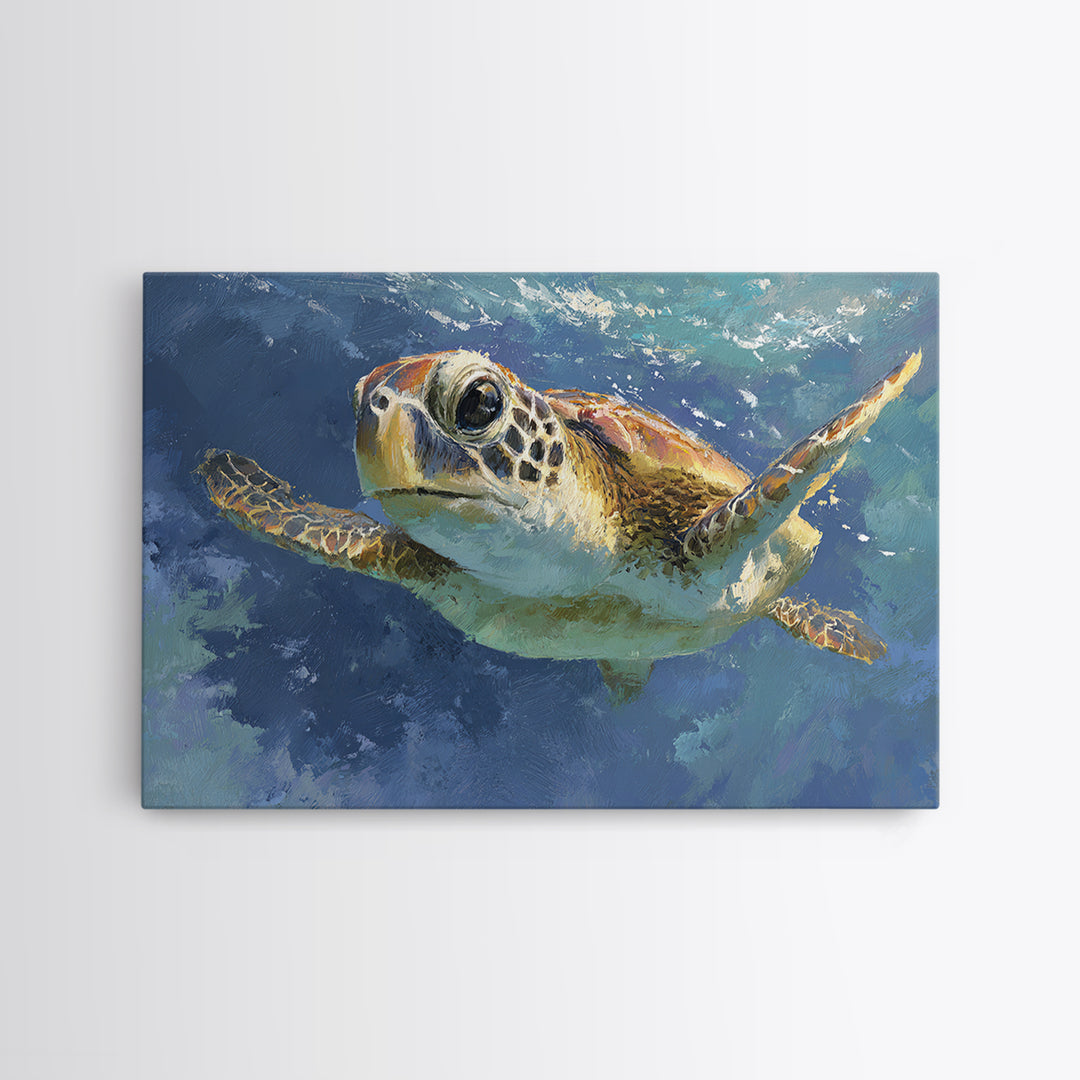 Sea Turtle Drifting Through Luminous Blue Water Canvas Print, Animal Art, Nursery, Living Room Decor, Abstract Art, Creature, ANI-3x2-94