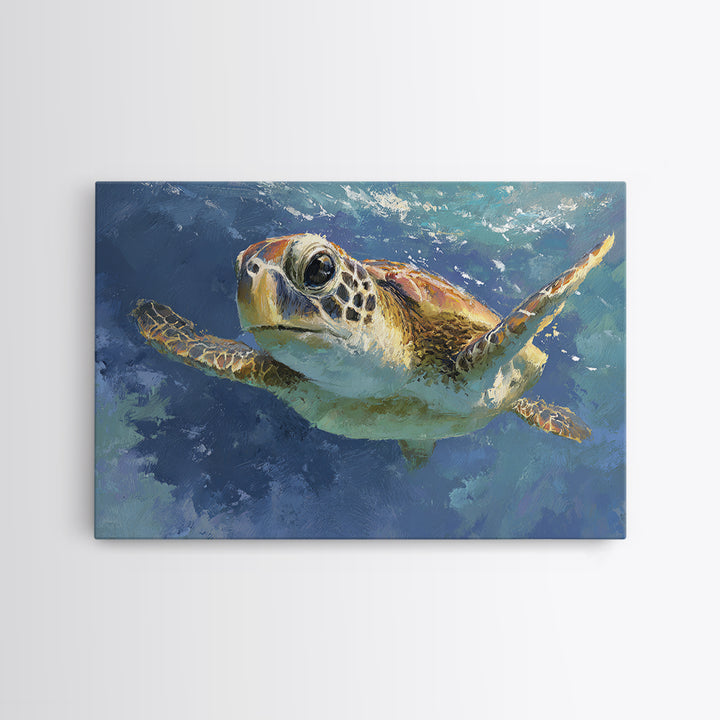 Sea Turtle Drifting Through Luminous Blue Water Canvas Print, Animal Art, Nursery, Living Room Decor, Abstract Art, Creature, ANI-3x2-94