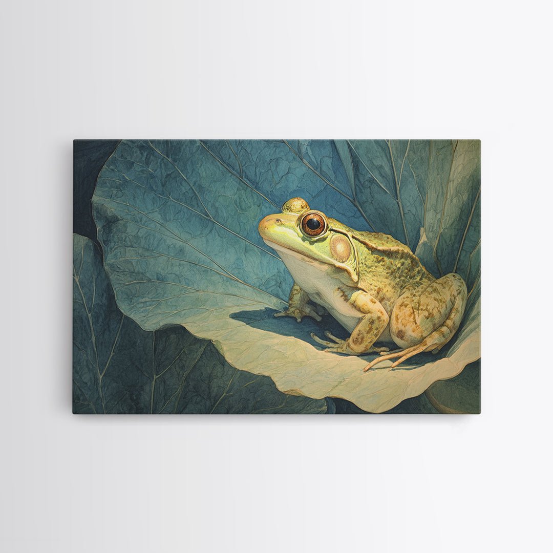 Frog on a Lotus Leaf Framed Canvas Print, Animal Art, Art Print, Living Room Decor, Watercolor Art, Creature, Digital Art, ANI-3x2-96