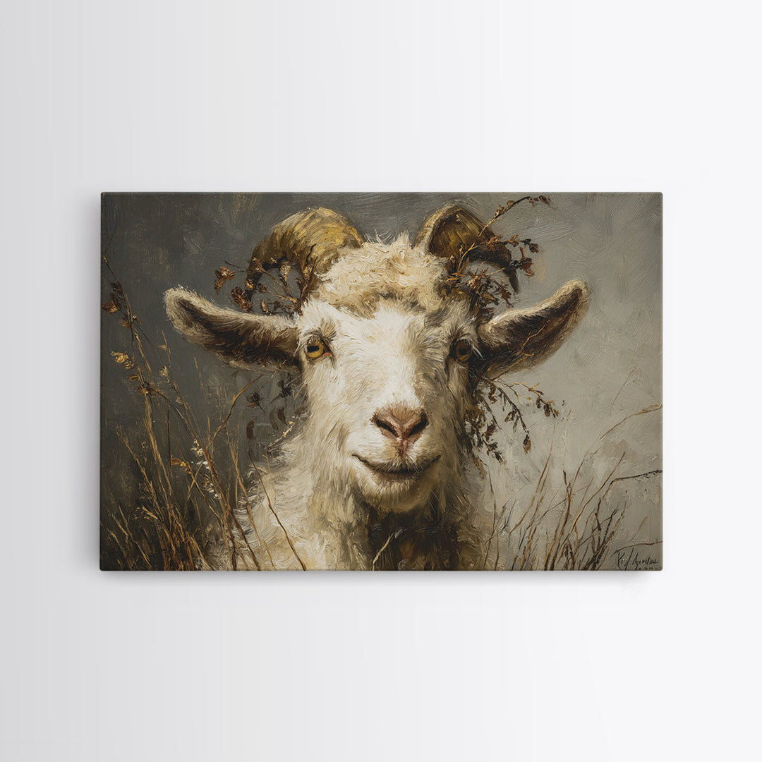 Goat Portrait with Rustic Folk Art Personality Framed Canvas Print, Animal Art, Downloadable Art, Living Room Decor, Creature, ANI-3x2-97