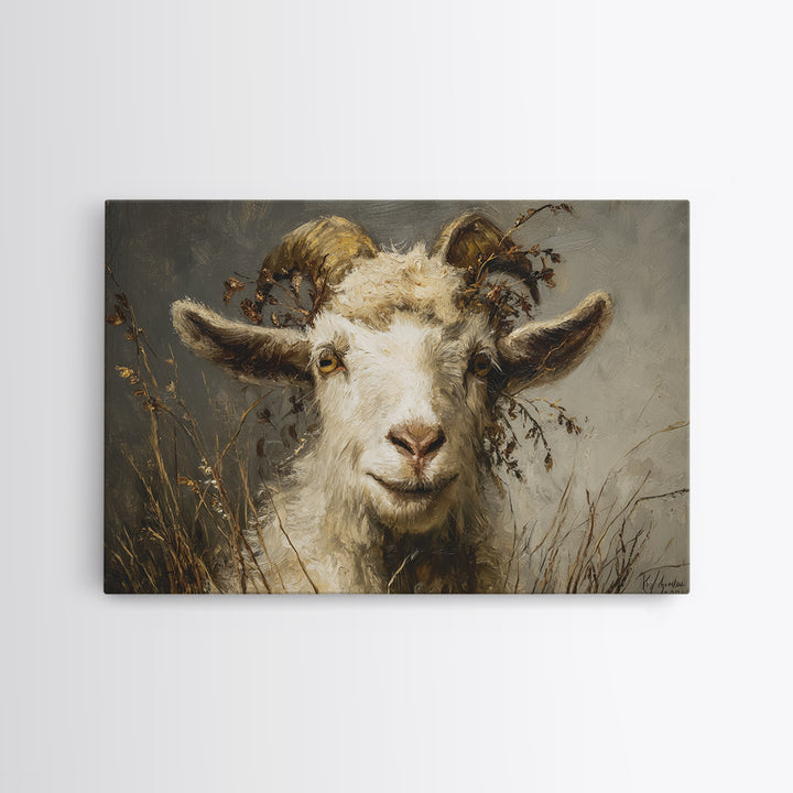 Goat Portrait with Rustic Folk Art Personality Framed Canvas Print, Animal Art, Downloadable Art, Living Room Decor, Creature, ANI-3x2-97