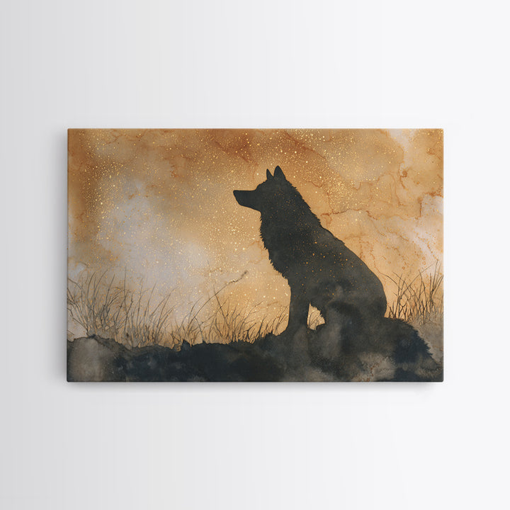 Wolf Silhouette Beneath a Star Filled Sky Canvas Print, Animal Art, Living Room Decor, Fine Art, Creature, Fine Art Print, ANI-3x2-98