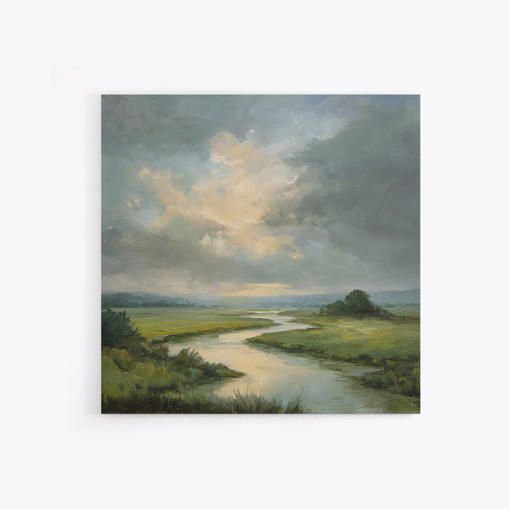Classic Landscape with Winding River and Atmospheric Canvas Print, Art, Art Commission, Living Room Decor, Fine Art, ART-1x1-3