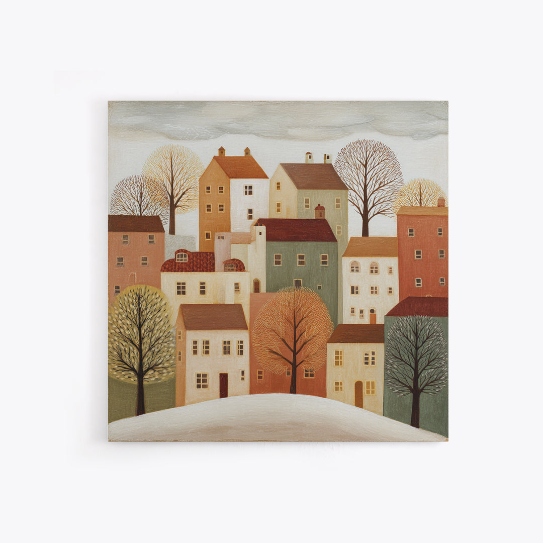 Naive Folk Art Village Framed Canvas Print, Art, Large Wall Art, Living Room Decor, Fine Art, Prints Wall Art, ART-1x1-44