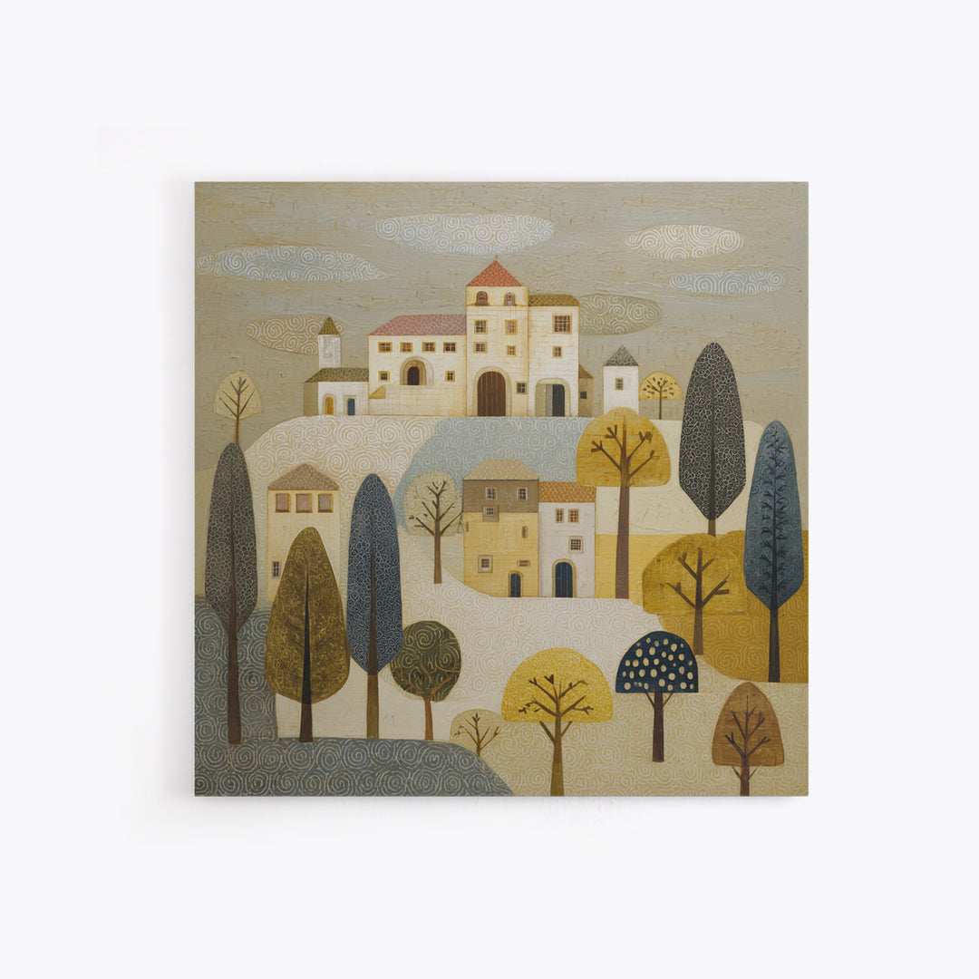 Naive Folk Art Village Framed Canvas Print, Art, Wood Wall Art, Living Room Decor, Fine Art, Modern Decor, Fine Art Print, ART-1x1-68