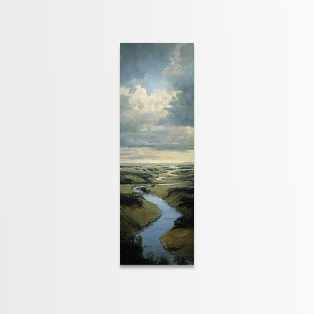 Classic Landscape with Winding River and Atmospheric Framed Canvas Print, Art, Art Nouveau, Living Room Decor, Watercolor Art, ART-1x3-87