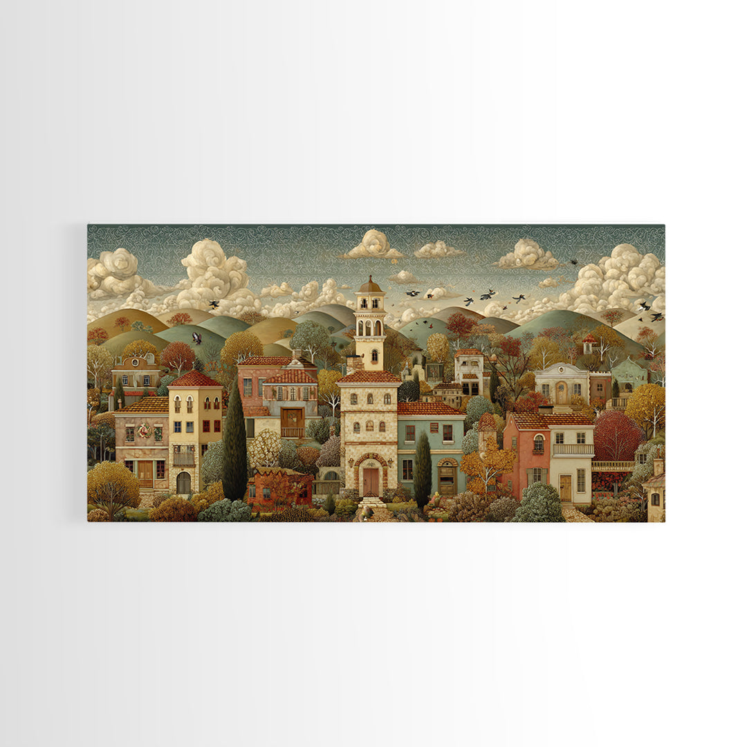 Naive Folk Art Village Framed Canvas Print, Art, Neutral Decor, Living Room Decor, Fine Art, Art Prints, Digital Art, ART-2x1-16