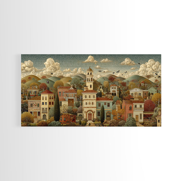 Naive Folk Art Village Framed Canvas Print, Art, Neutral Decor, Living Room Decor, Fine Art, Art Prints, Digital Art, ART-2x1-16