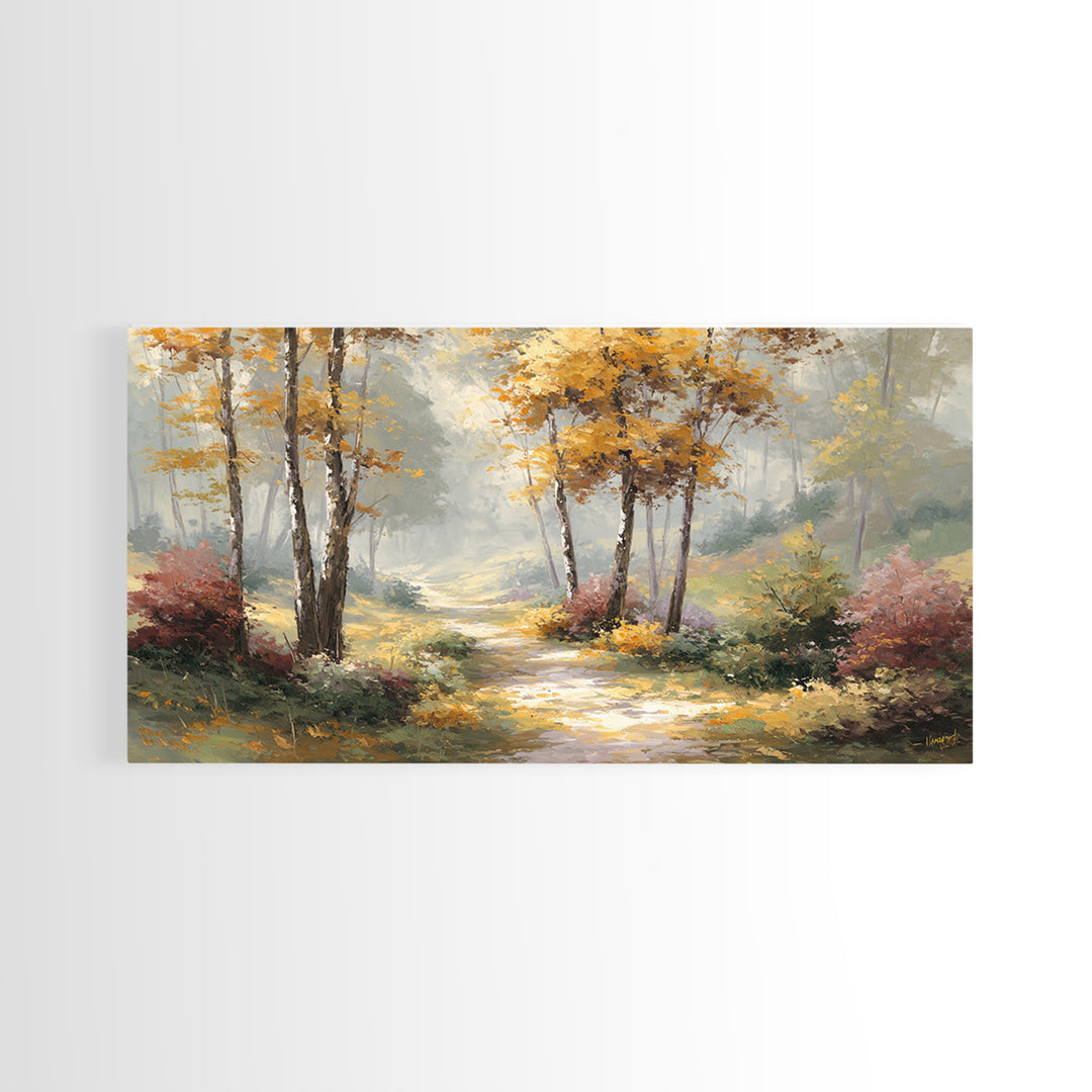 Woodland Path with Golden Autumn Atmosphere Framed Canvas Print, Art, Printable Art, Living Room Decor, Fine Art, ART-2x1-19