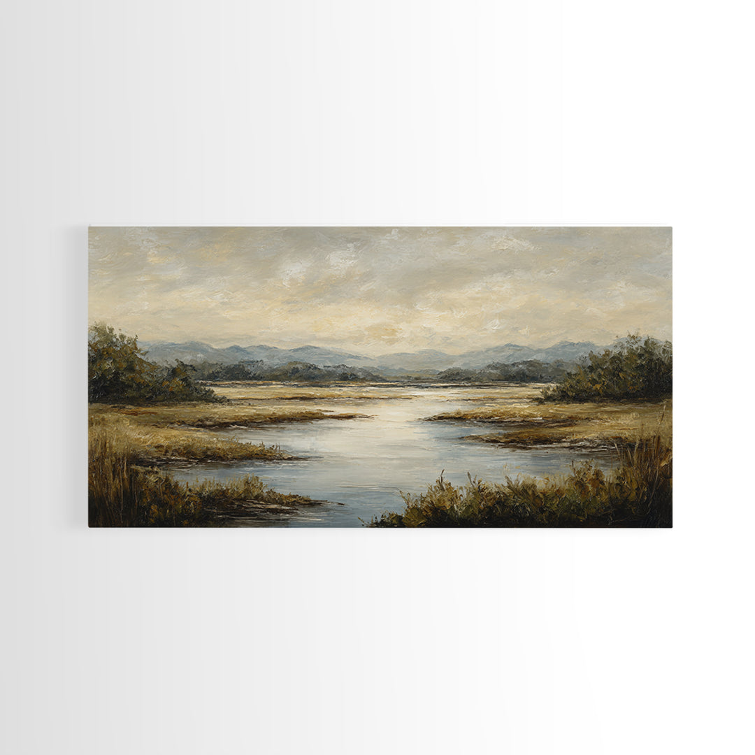 Classic Landscape with Winding River and Atmospheric Framed Canvas Print, Art, Art Print, Living Room Decor, Fine Art, ART-2x1-23