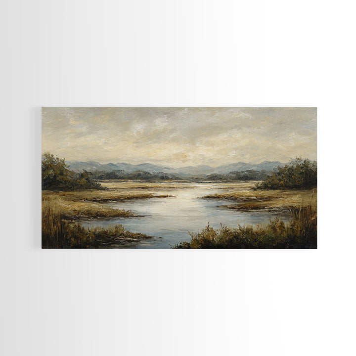 Classic Landscape with Winding River and Atmospheric Framed Canvas Print, Art, Art Print, Living Room Decor, Fine Art, ART-2x1-23
