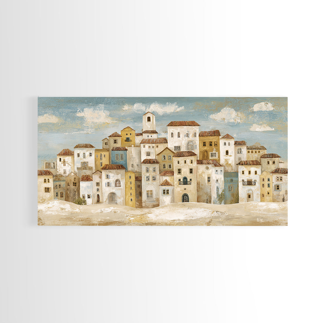 Naive Folk Art Village Framed Canvas Print, Art, Wall Art, Living Room Decor, Fine Art, Original Art, Art Nouveau, ART-2x1-40