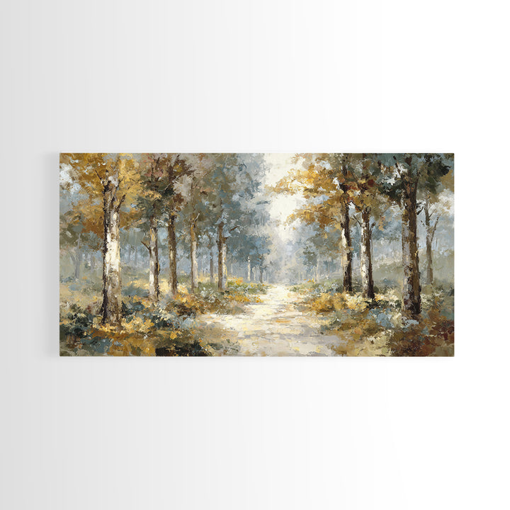 Woodland Path with Golden Autumn Atmosphere Framed Canvas Print, Art, Art Prints, Living Room Decor, Fine Art, ART-2x1-43