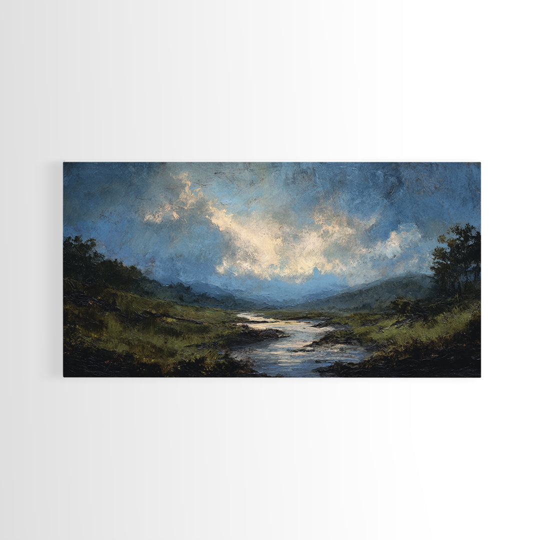 Classic Landscape with Winding River and Atmospheric Canvas Print, Art, Black Art, Living Room Decor, Fine Art, ART-2x1-71