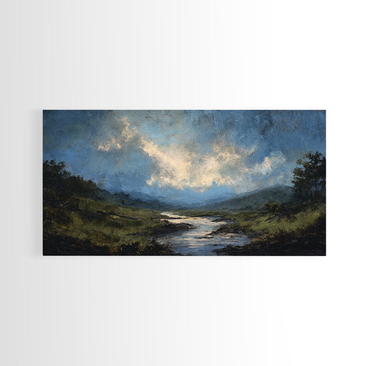 Classic Landscape with Winding River and Atmospheric Canvas Print, Art, Black Art, Living Room Decor, Fine Art, ART-2x1-71