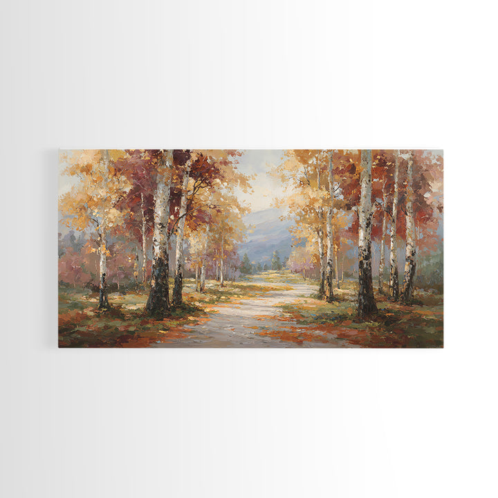 Woodland Path with Golden Autumn Atmosphere Framed Canvas Print, Art, Art Print, Living Room Decor, Fine Art, ART-2x1-91