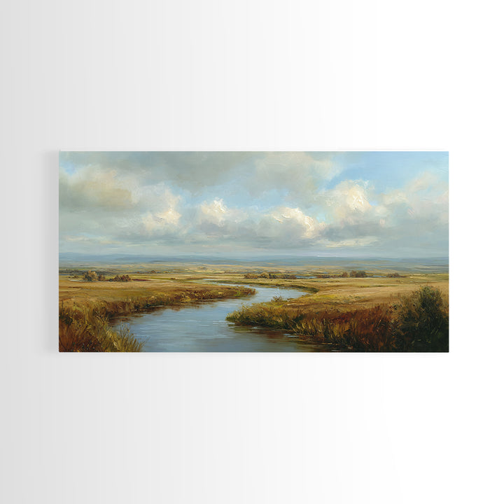 Classic Landscape with Winding River and Atmospheric Canvas Print, Art, Abstract Wall Art, Living Room Decor, ART-2x1-95