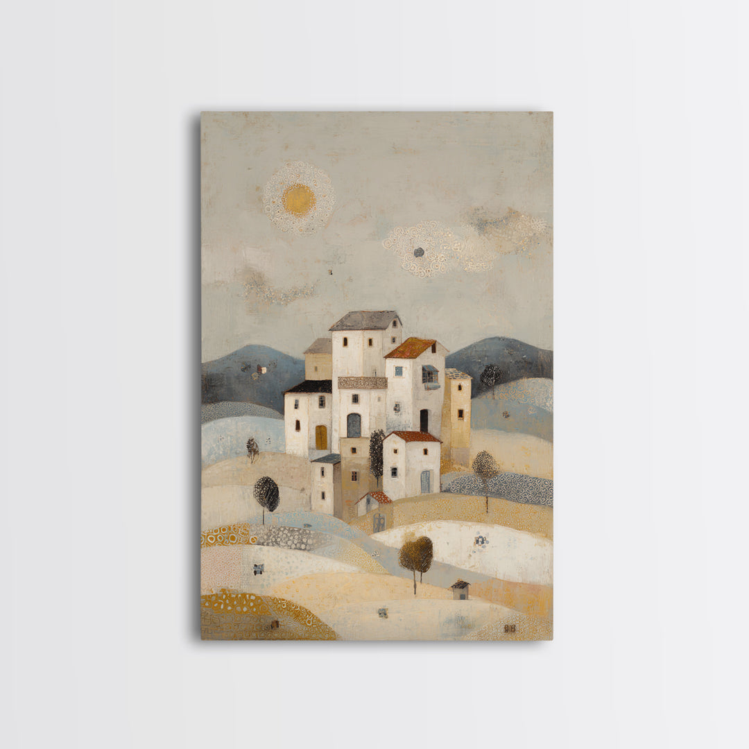 Naive Folk Art Village Framed Canvas Print, Art, Pink Wall Art, Living Room Decor, Fine Art, Textured Painting, ART-2x3-100