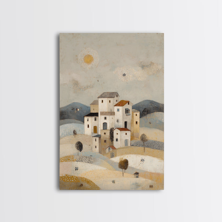 Naive Folk Art Village Framed Canvas Print, Art, Pink Wall Art, Living Room Decor, Fine Art, Textured Painting, ART-2x3-100