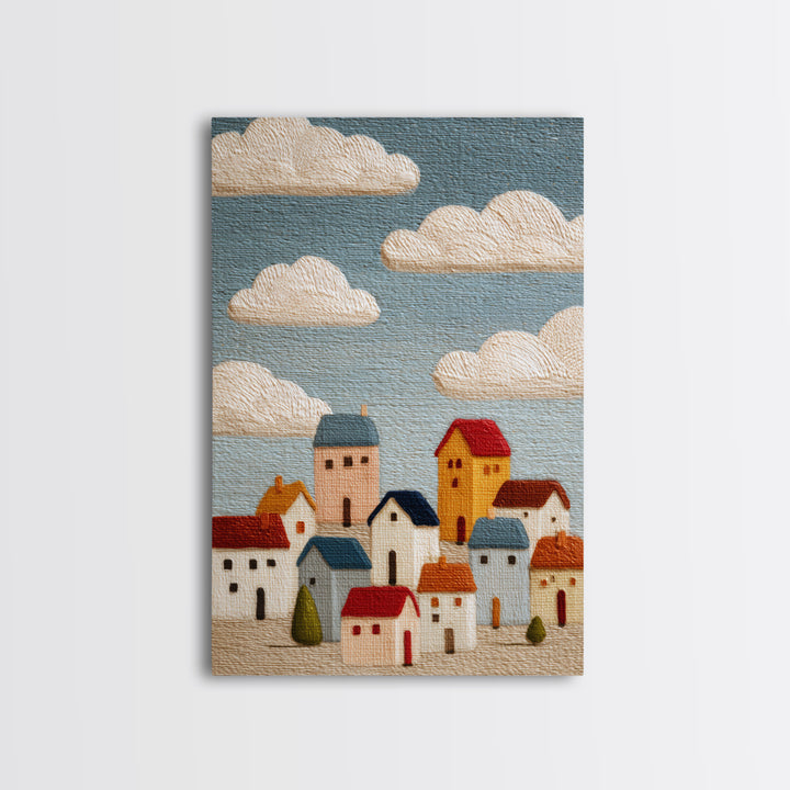 Naive Folk Art Village Framed Canvas Print, Art, Printable Wall Art, Living Room Decor, Fine Art, Canvas Art, ART-2x3-28