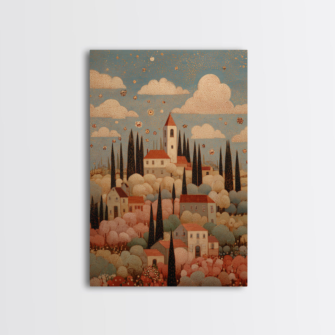 Naive Folk Art Village Framed Canvas Print, Art, Resin Art, Living Room Decor, Fine Art, Luxury Decor, Textured Painting, ART-2x3-4