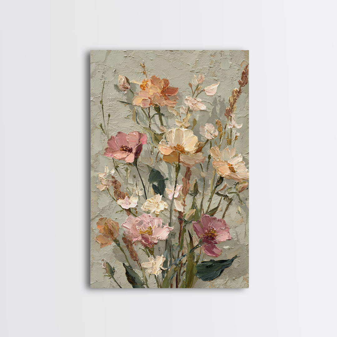 Painterly Meadow with Loose Impressionist Flowers Framed Canvas Print, Art, Neutral Decor, Living Room Decor, Fine Art, ART-2x3-47