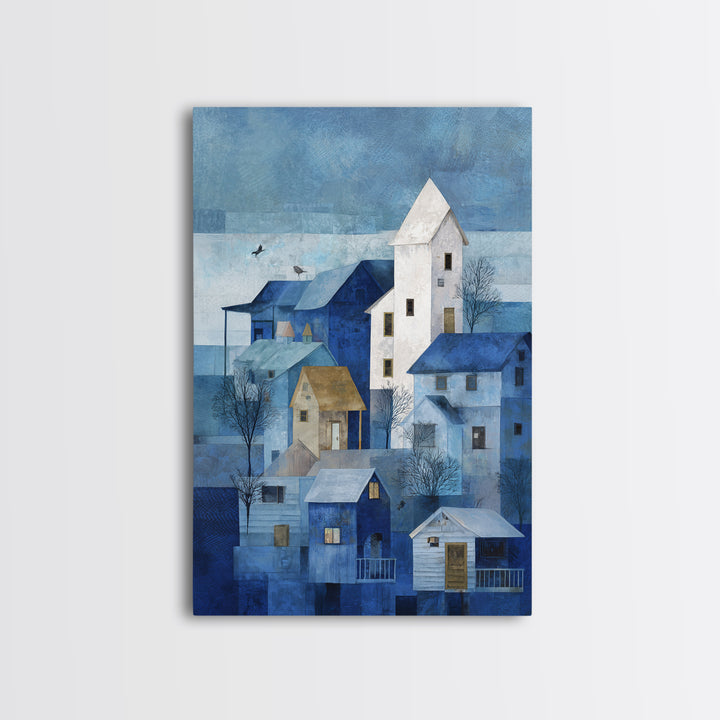 Naive Folk Art Village Framed Canvas Print, Art, Boho Wall Art, Living Room Decor, Fine Art, Textured Painting, ART-2x3-52