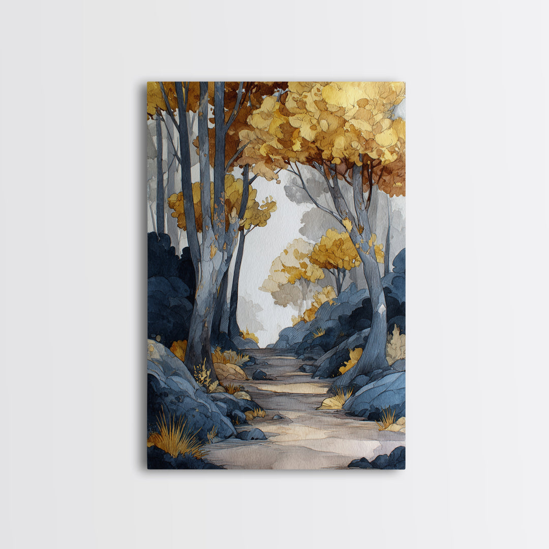 Woodland Path with Golden Autumn Atmosphere Framed Canvas Print, Art, Horizontal Wall Art, Living Room Decor, Fine Art, ART-2x3-55
