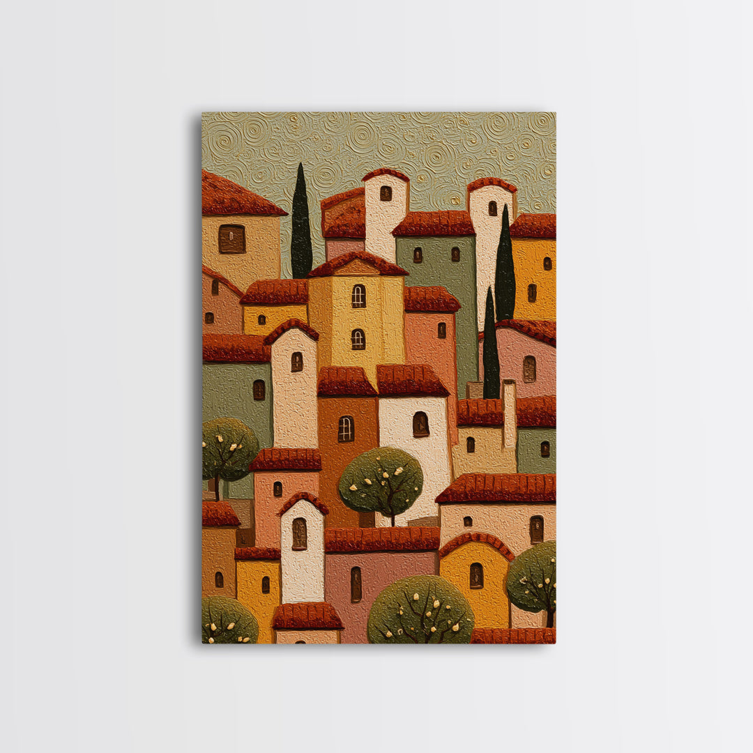 Naive Folk Art Village Framed Canvas Print, Art, Wall Art Prints, Living Room Decor, Fine Art, Ai Art, Textured Wall Art, ART-2x3-76