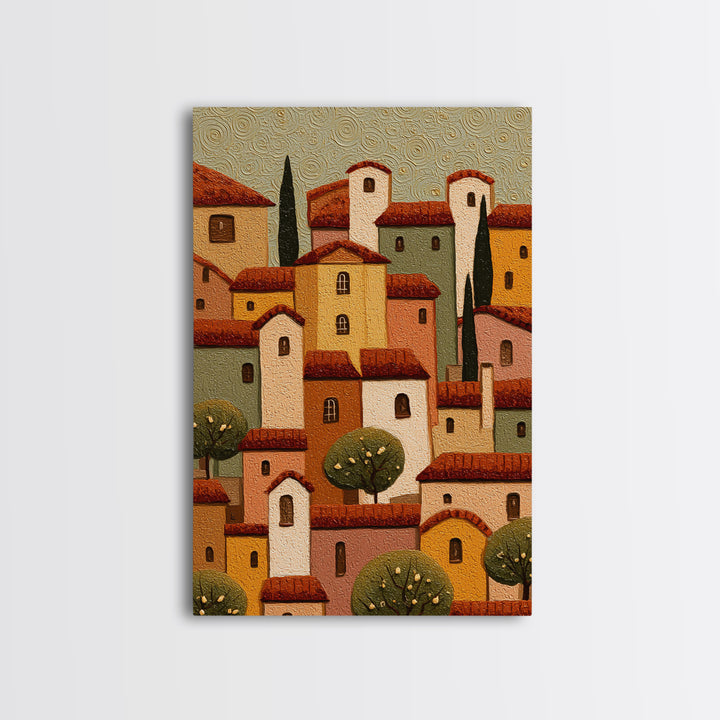 Naive Folk Art Village Framed Canvas Print, Art, Wall Art Prints, Living Room Decor, Fine Art, Ai Art, Textured Wall Art, ART-2x3-76