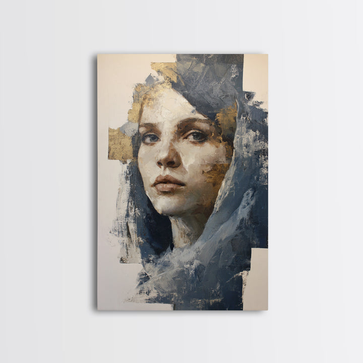 Expressive Portrait with Dramatic Light and Textured Framed Canvas Print, Art, Art Nouveau, Living Room Decor, Fine Art, ART-2x3-84