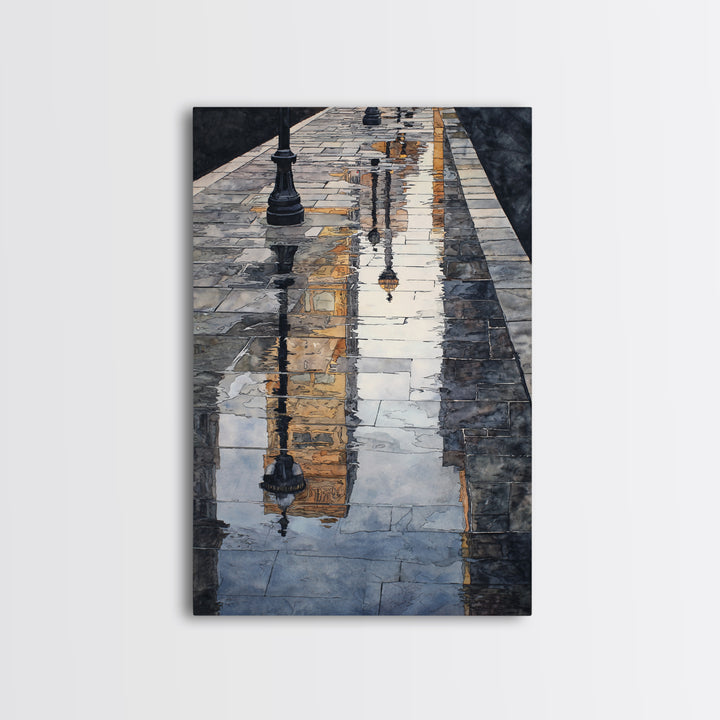 Moody City Scene Reflected Framed Canvas Print, Art, Living Room Decor, Fine Art, Art Nouveau, Framed Wall Art, ART-2x3-90
