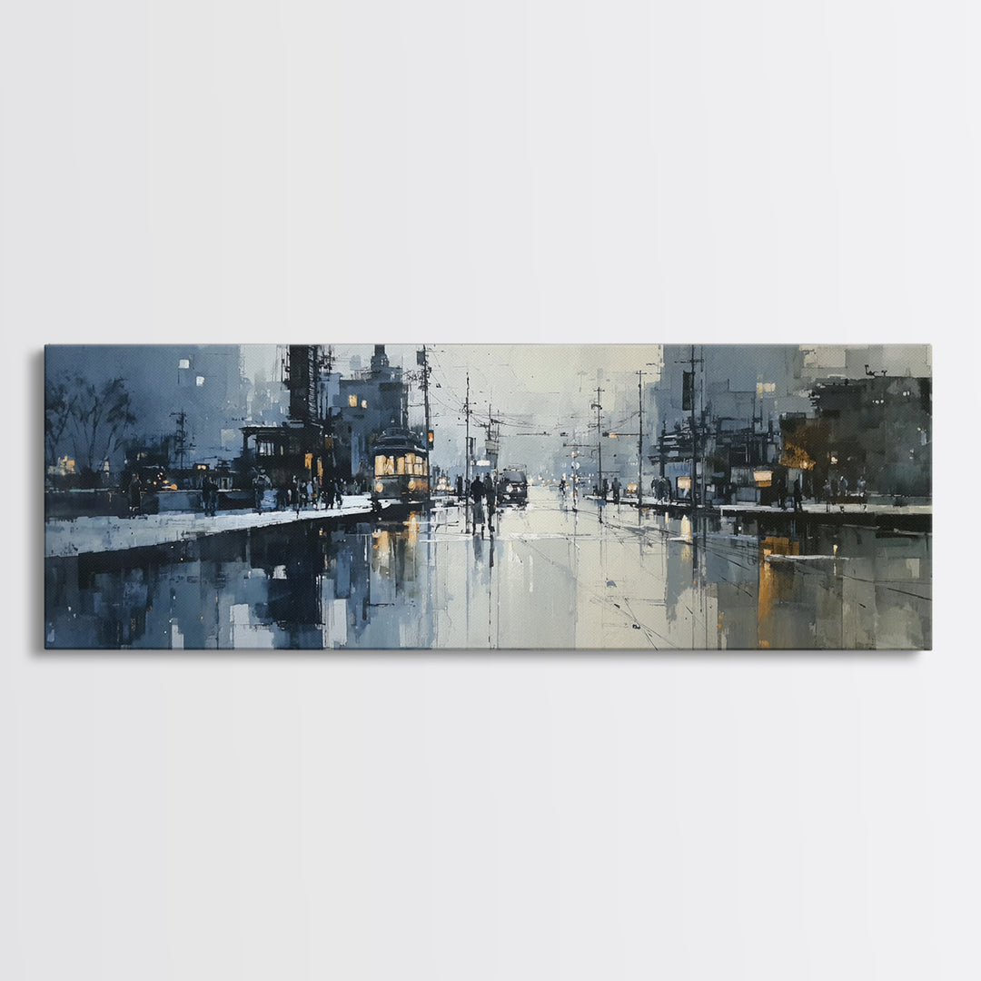 Moody City Scene Reflected Framed Canvas Print, Art, Wall Art, Living Room Decor, Fine Art, Original Art, Art Nouveau, ART-3x1-2