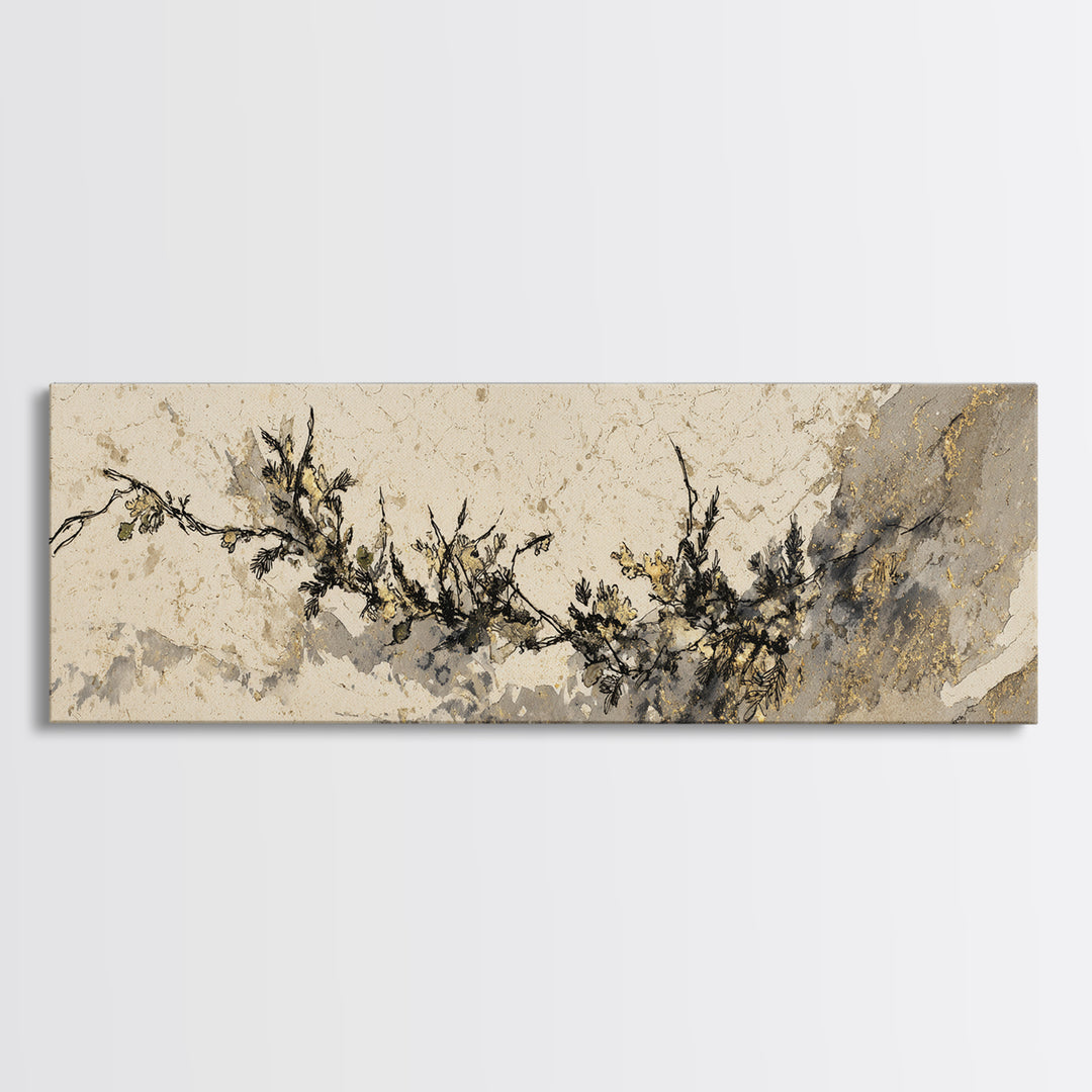 Minimal Botanical Ink Drawing on Handmade Paper Canvas Print, Art, Art Deco, Living Room Decor, Fine Art, Printable Art, ART-3x1-21