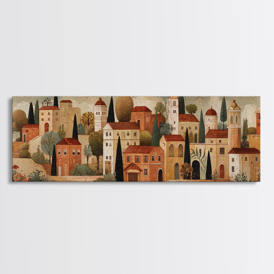 Naive Folk Art Village Framed Canvas Print, Art, Modern Decor, Living Room Decor, Fine Art, Art Prints, Digital Art, ART-3x1-60