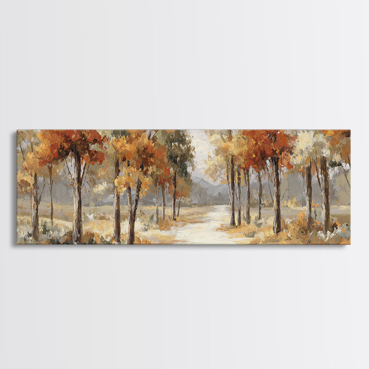 Woodland Path with Golden Autumn Atmosphere Framed Canvas Print, Art, Statement Artwork, Living Room Decor, Fine Art, ART-3x1-63